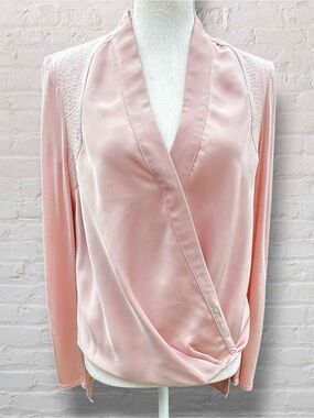 bebe Satin Faux Wrap Asymmetric Surplice Blouse Pink Size M